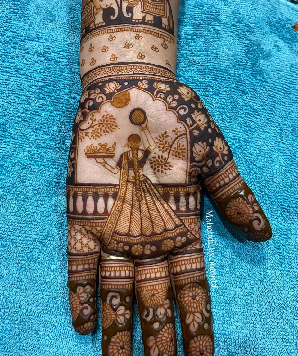 Bridal Back Hand Mehndi Design with Figures for Karwa Chauth (2)