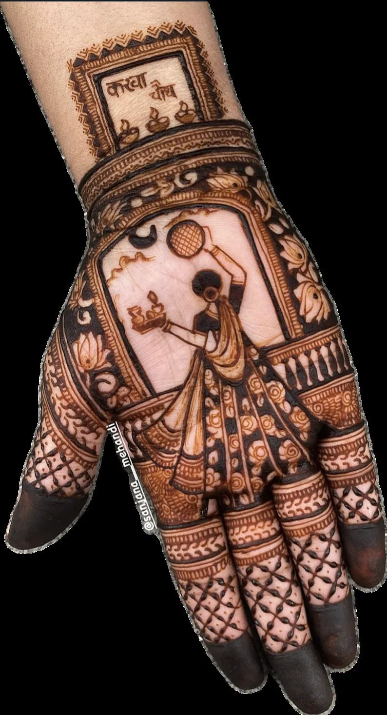 Bridal Indian Front Hand Mehndi Design with Figures for Diwali (2)