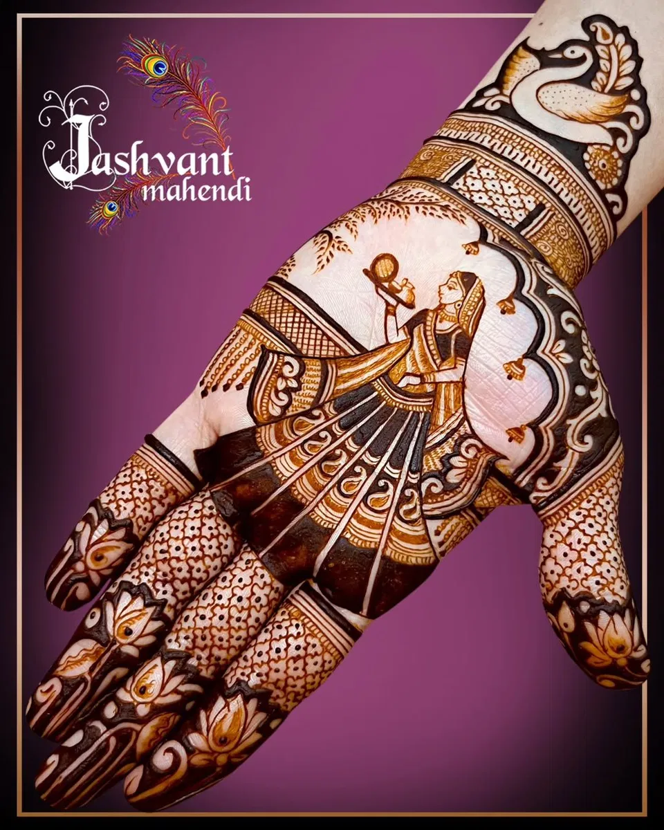 Bridal Stylish Back Hand Mehndi Design with Figures, Hearts and Jaal for Karwa Chauth (2)