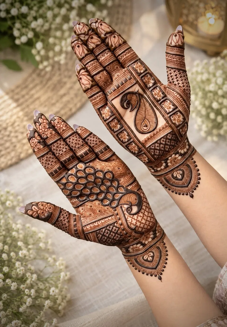 Simple Back Hand Mehndi Design with Peacock for Karwa Chauth