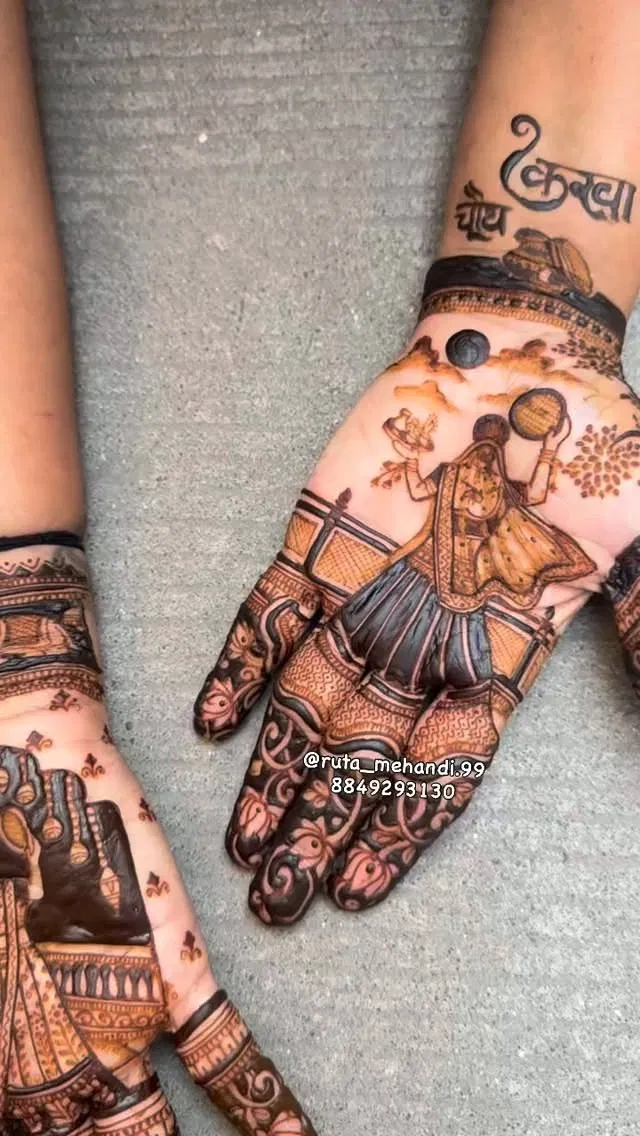 Front Hand Mehndi Design with Figures and Jaal for Karwa Chauth