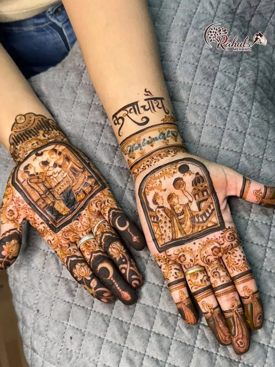 Full Hand Mehndi Design with Figures for Karwa Chauth (2)