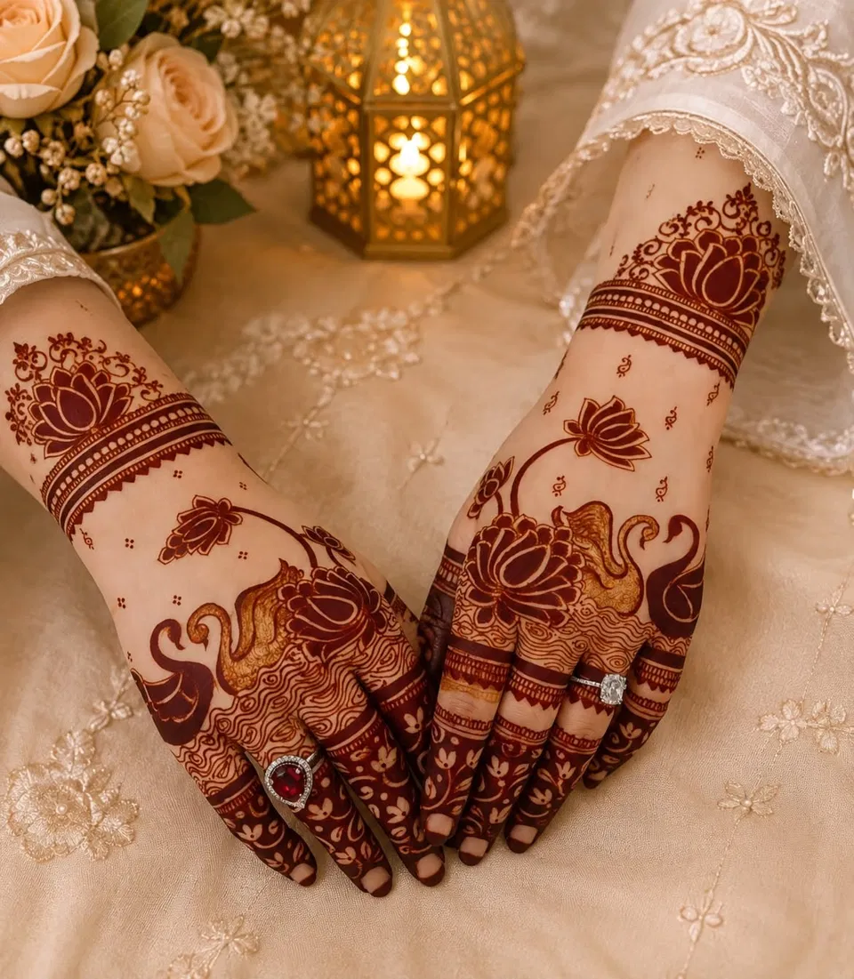 Bridal Minimal Back Hand Mehndi Design with Deity and Flowers