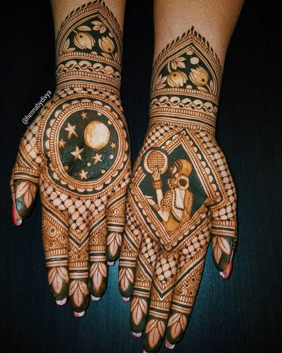 Bridal Back Hand Mehndi Design with Gol Tikki, Figures and Hearts for Karwa Chauth
