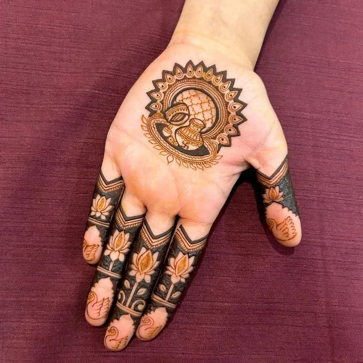Aesthetic Simple Back Hand Mehndi Design with Jaal and Moon for Diwali