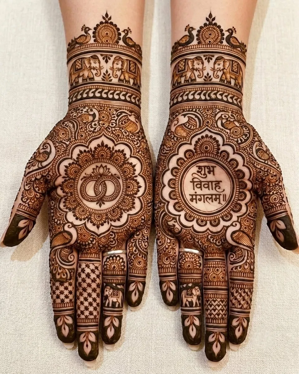 Bridal Front Hand Mehndi Design with Gol Tikki and Figures for Karwa Chauth