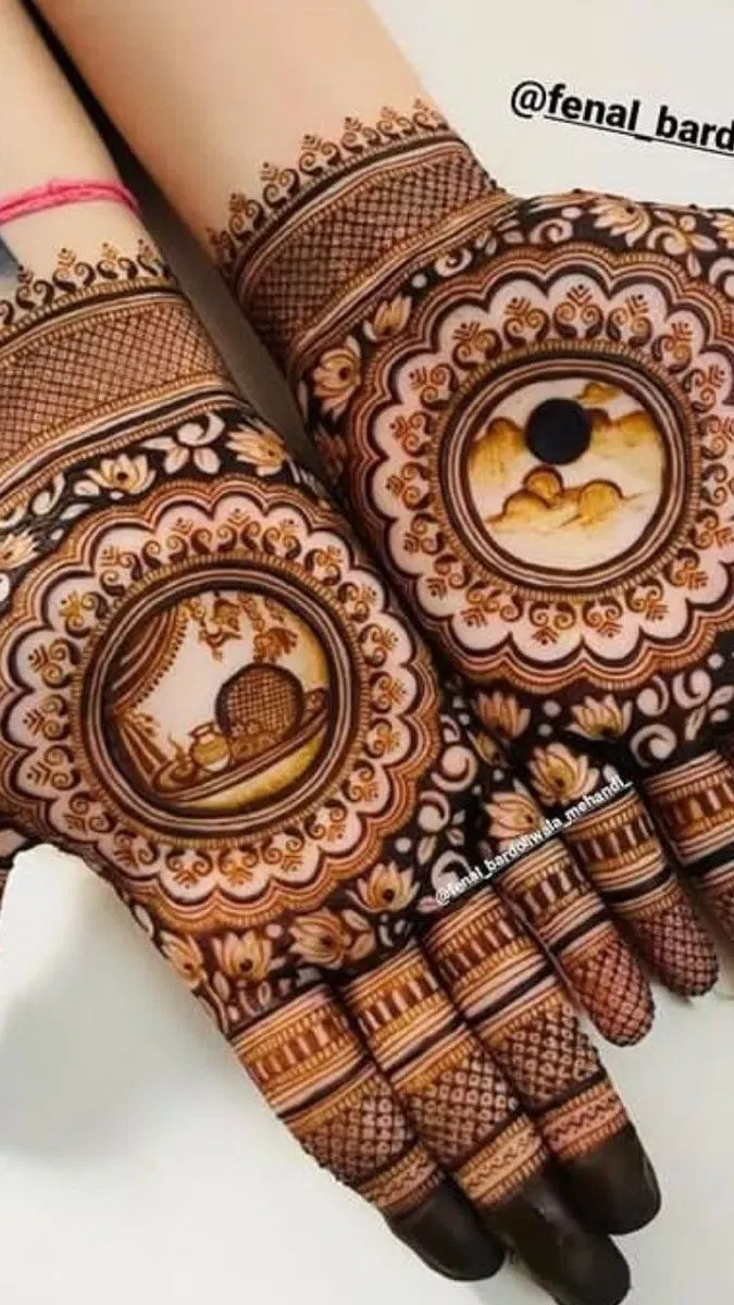Bridal Stylish Back Hand Mehndi Design with Gol Tikki, Figures and Hearts for Karwa Chauth (2)