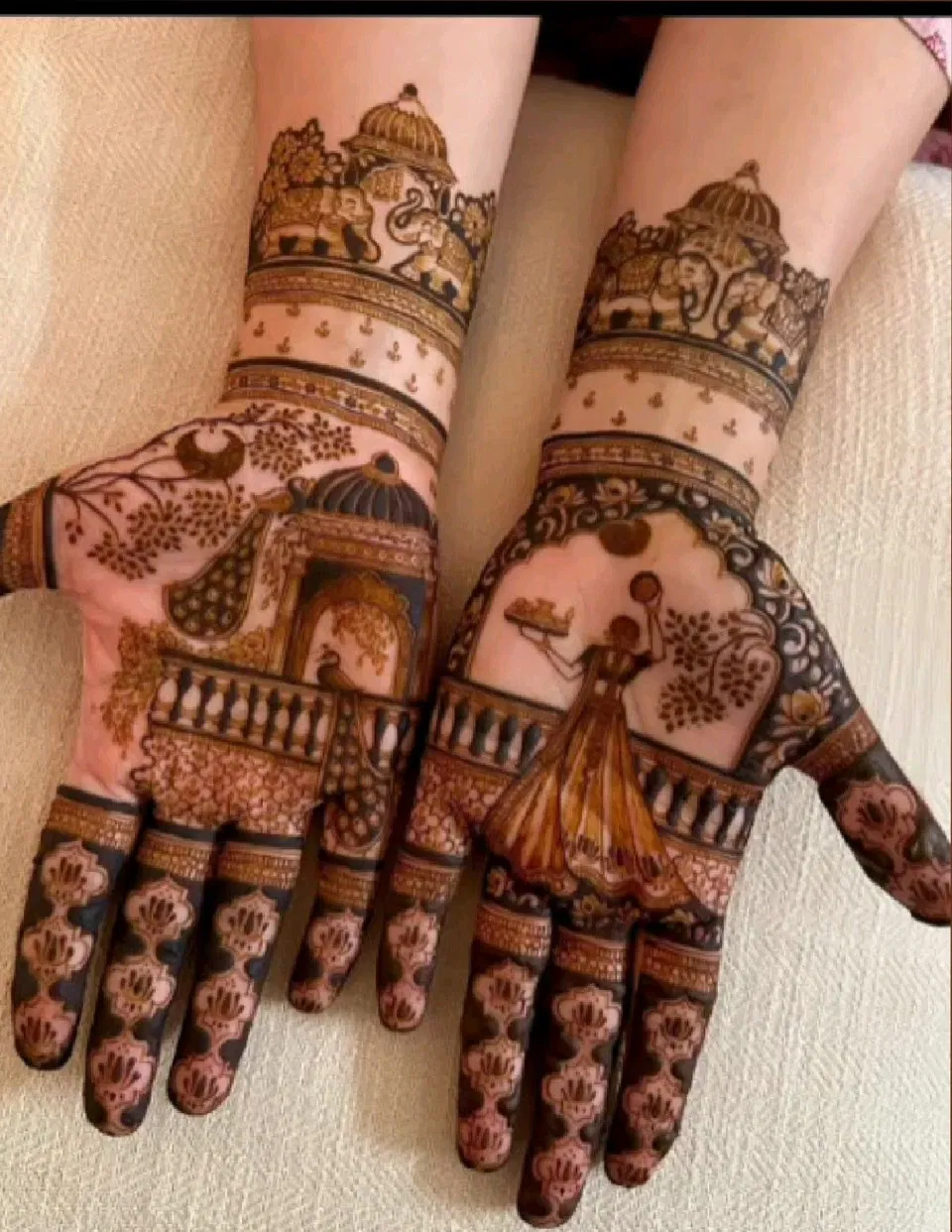 Bridal Indian Full Hand Mehndi Design with Figures and Peacock for Karwa Chauth (3)