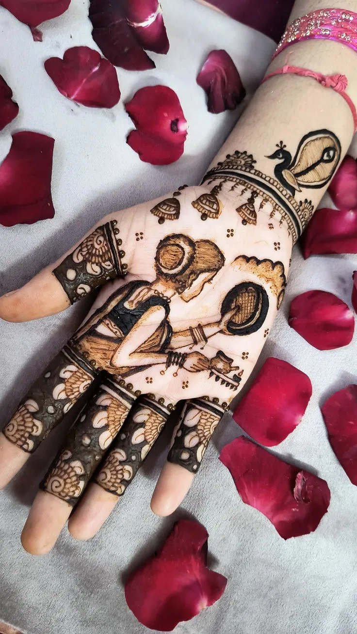 Bridal Full Hand Mehndi Design with Figures and Flowers for Karwa Chauth