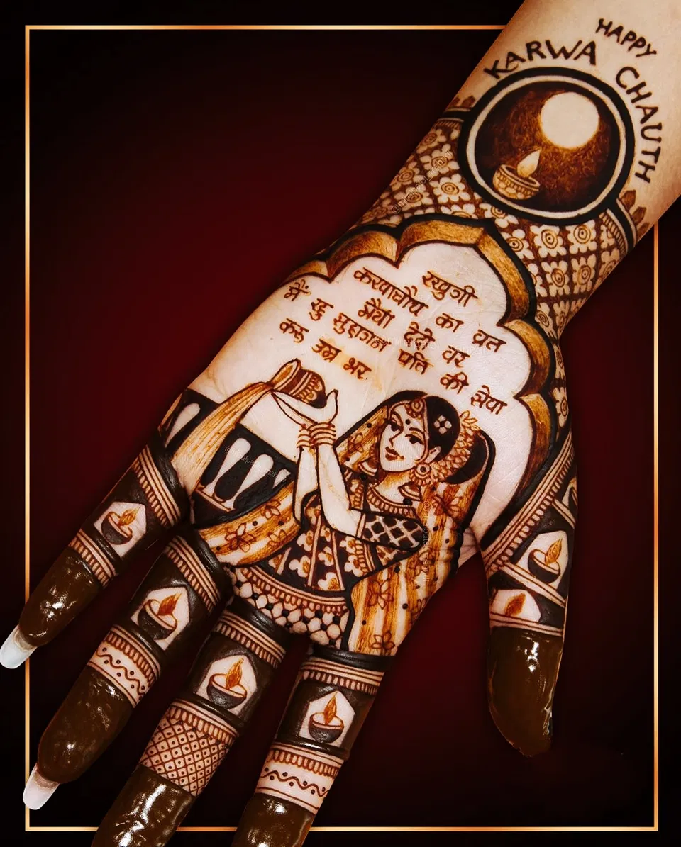 Bridal Indian Back Hand Mehndi Design with Figures and Moon for Karwa Chauth
