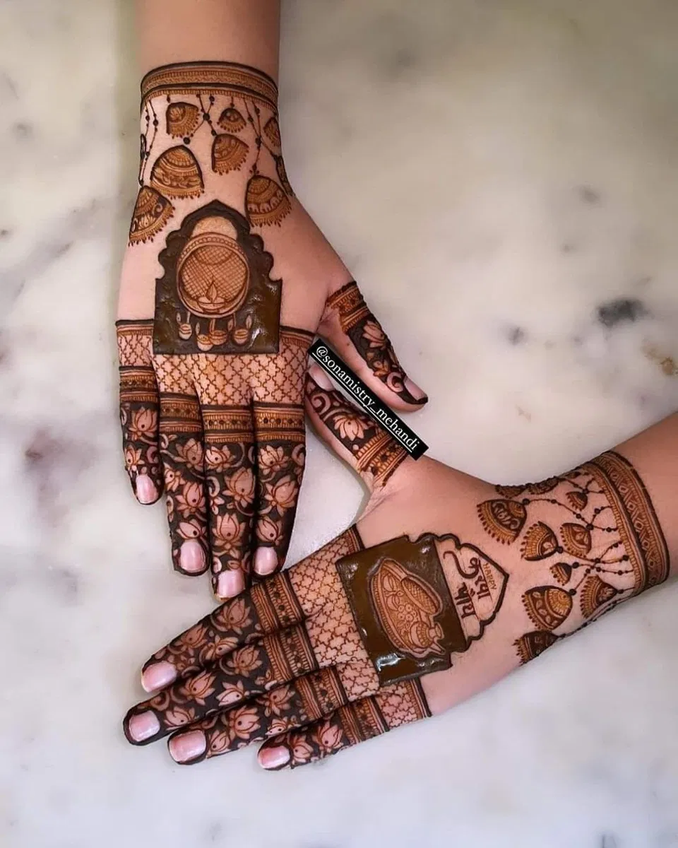 Bridal Stylish Back Hand Mehndi Design with Figures for Karwa Chauth