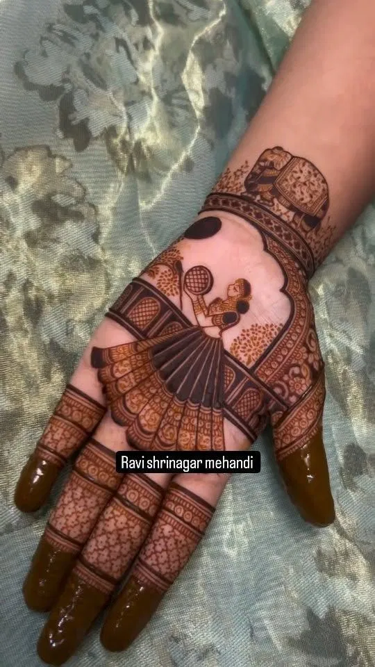 Aesthetic Bridal Back Hand Mehndi Design with Figures and Peacock for Karwa Chauth