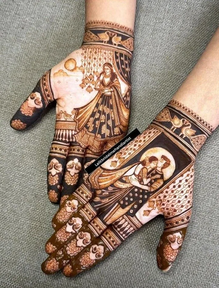 Bridal Indian Back Hand Mehndi Design with Figures for Karwa Chauth (3)