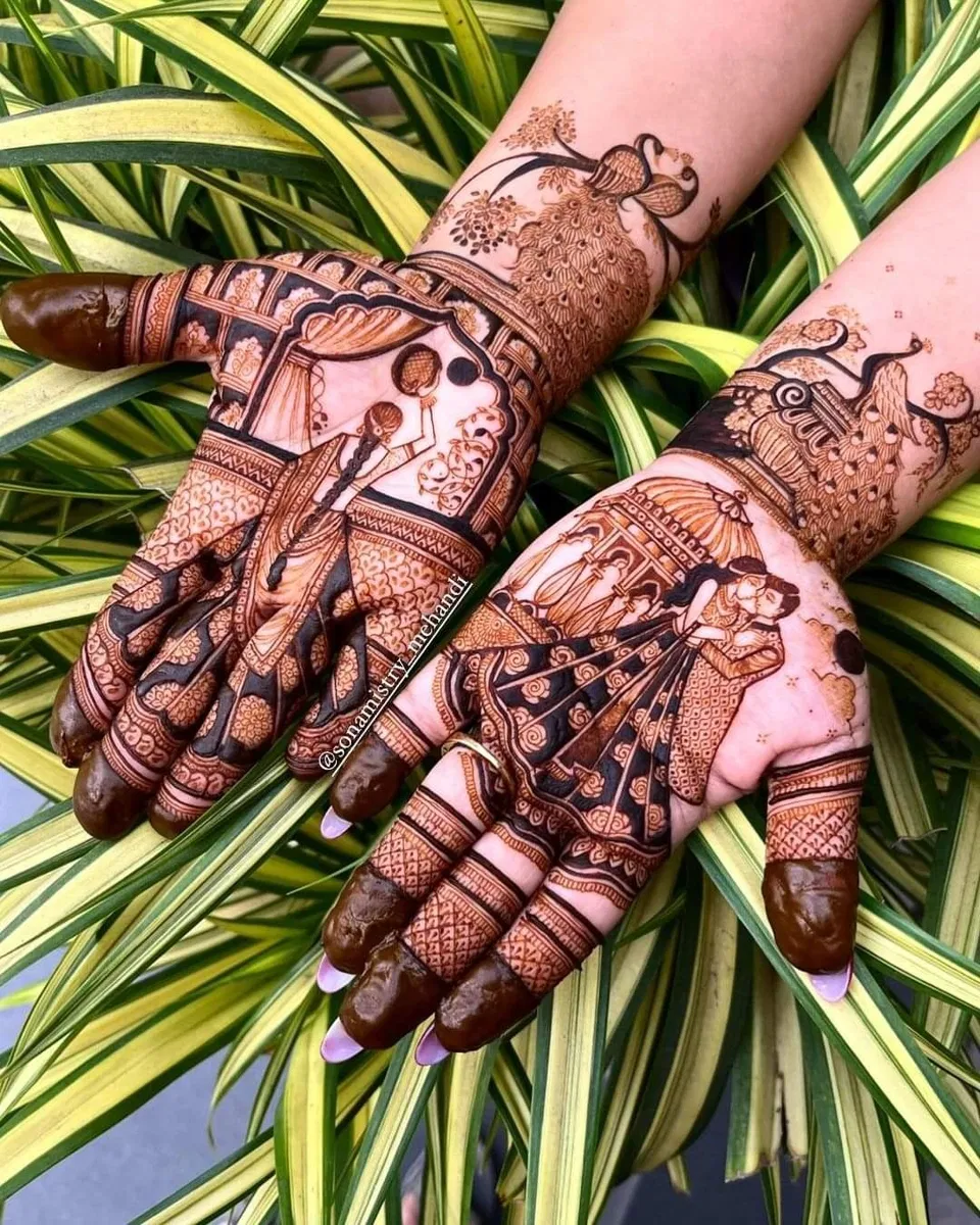 Stylish Front Hand Mehndi Design with Gol Tikki and Figures for Karwa Chauth
