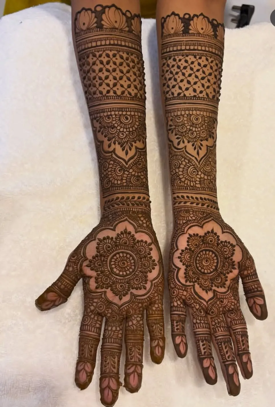 Bridal Indian Arm Mehndi Design with Gol Tikki and Flowers