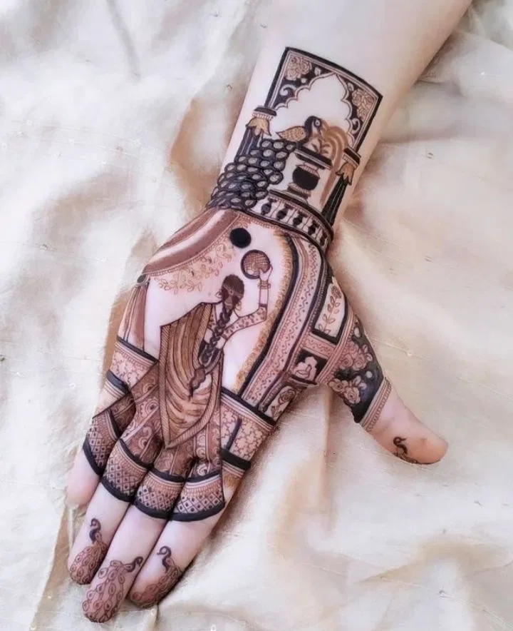 Indian Stylish Back Hand Mehndi Design with Figures