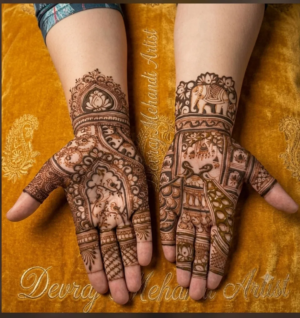 Bridal Indian Full Hand Mehndi Design with Gol Tikki, Figures and Lotus