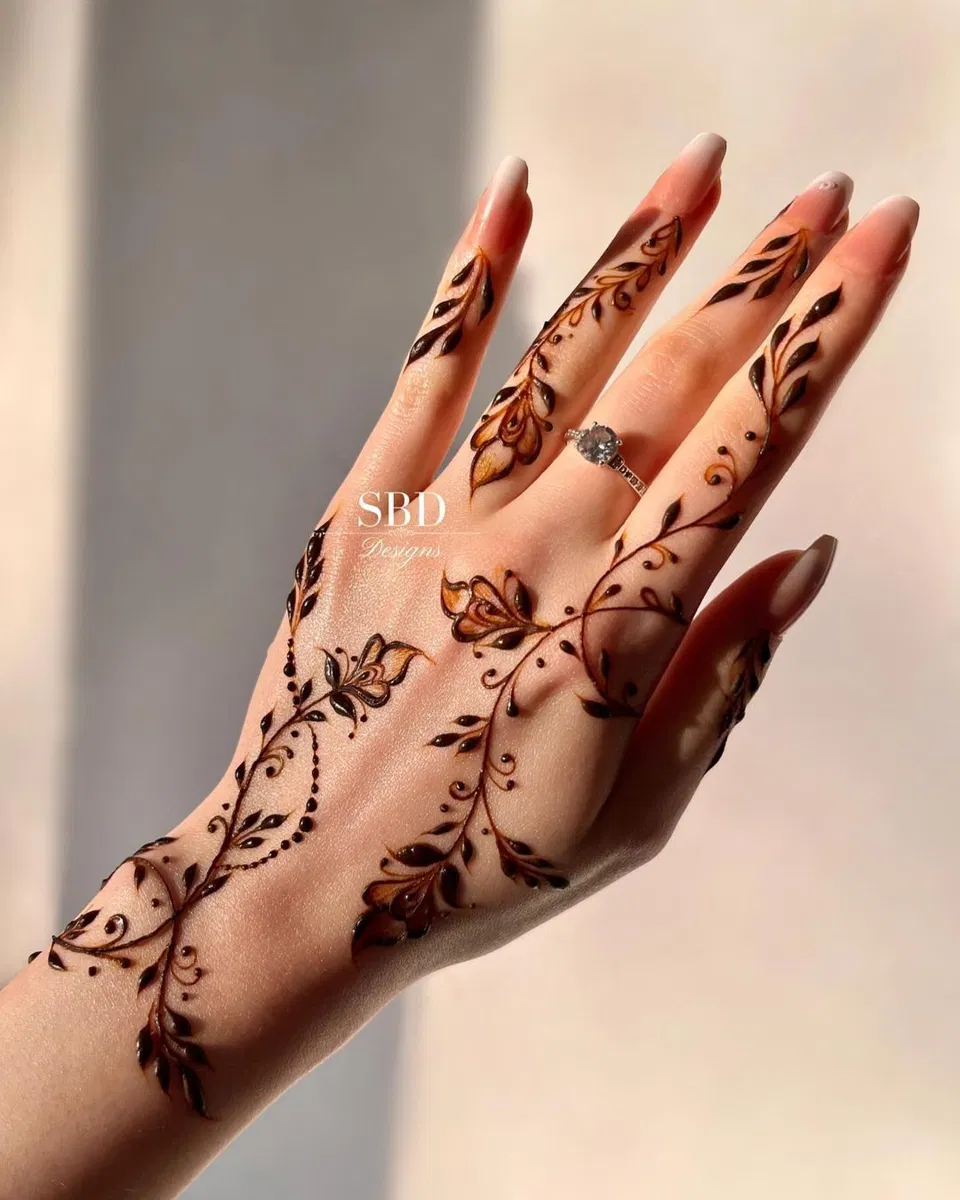 Aesthetic Arabic Back Hand Mehndi Design with Flowers and Jaal for Eid (5)