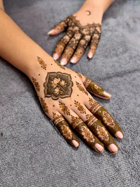 aesthetic arabic figure back hand mehndi design