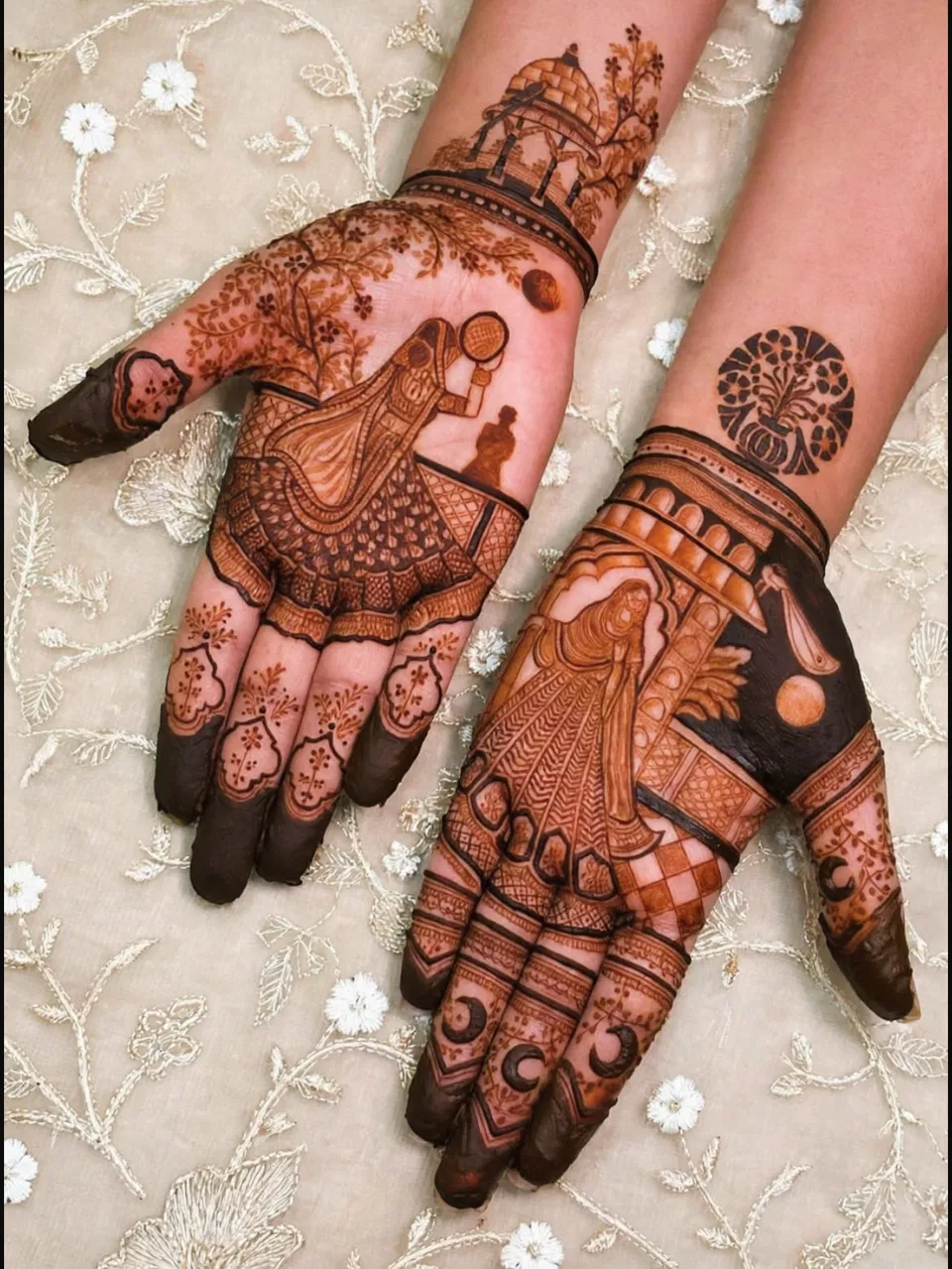 Arabic Simple Back Hand Mehndi Design with Figures for Karwa Chauth