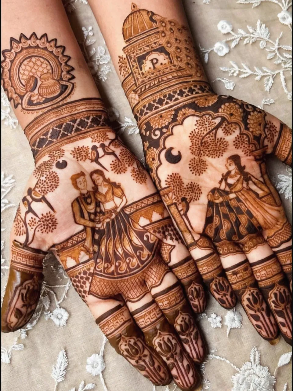 Full Hand Mehndi Design with Figures and Hearts for Karwa Chauth
