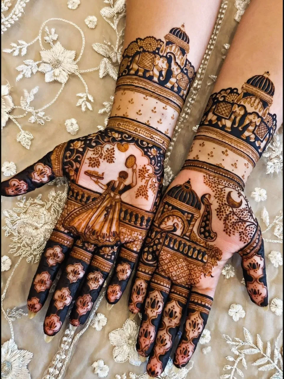 Full Hand Mehndi Design with Figures and Peacock for Karwa Chauth