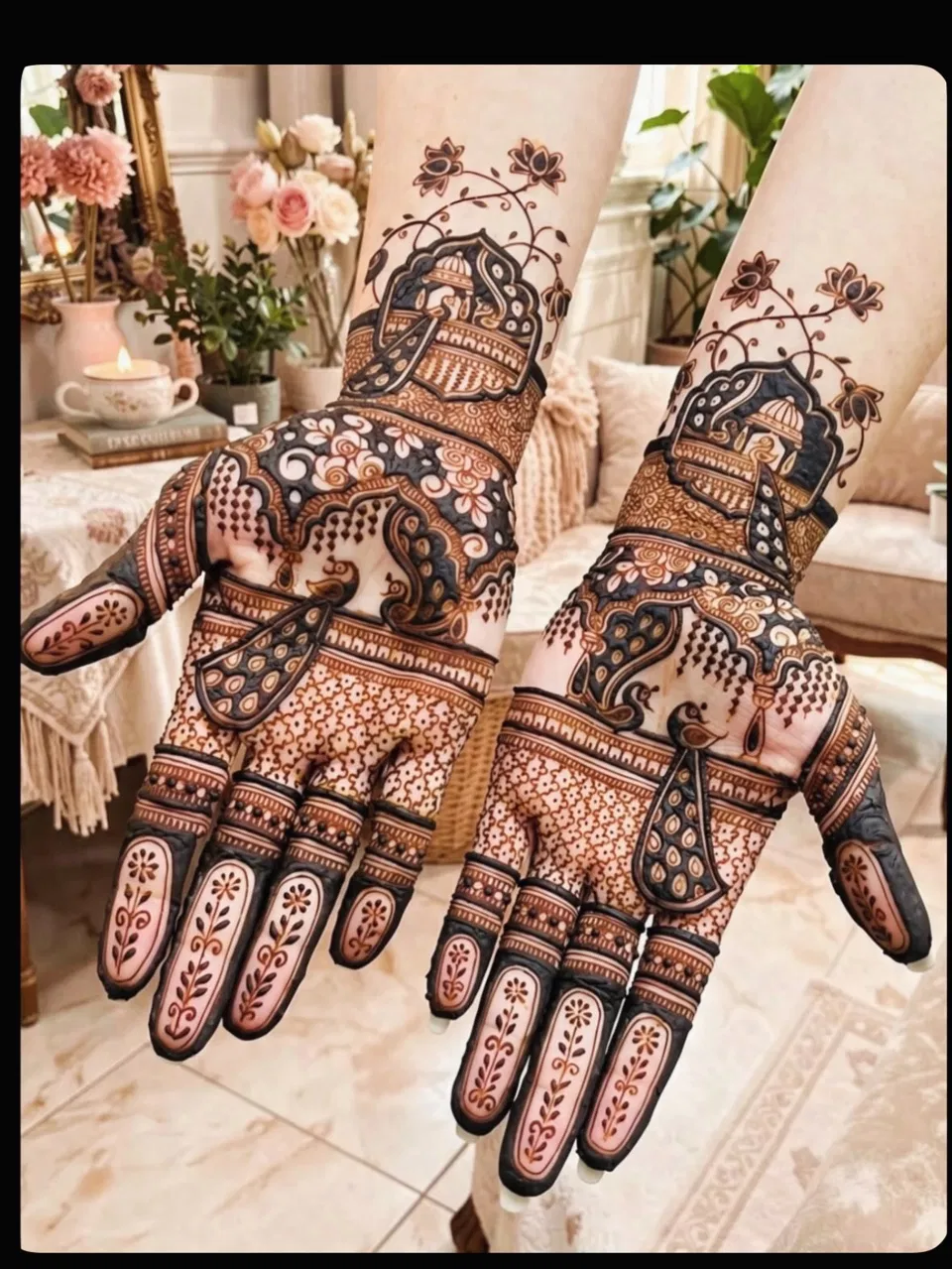 Bridal Front Hand Mehndi Design with Figures for Karwa Chauth
