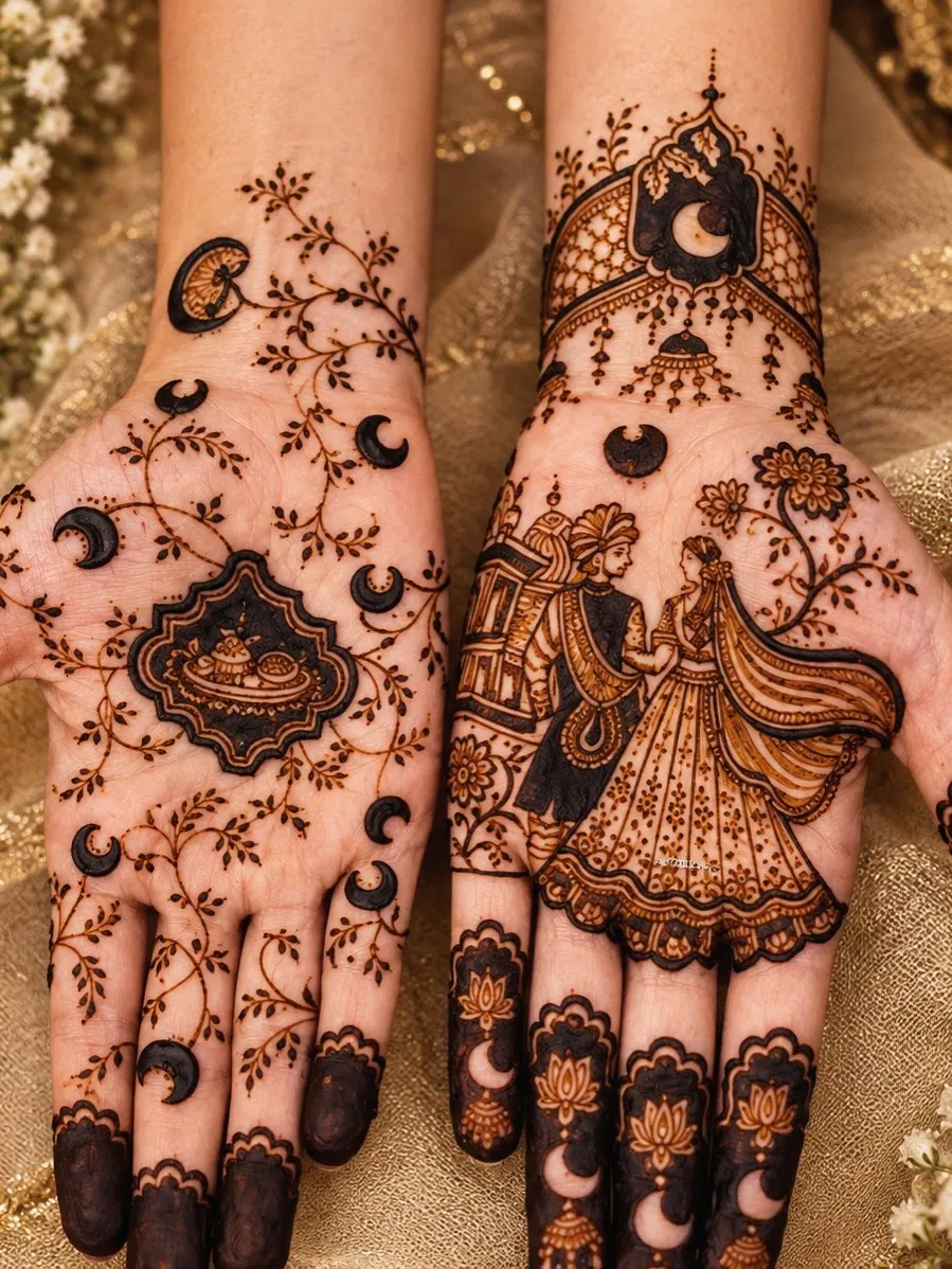 Simple Full Hand Mehndi Design with Figures and Jaal for Karwa Chauth