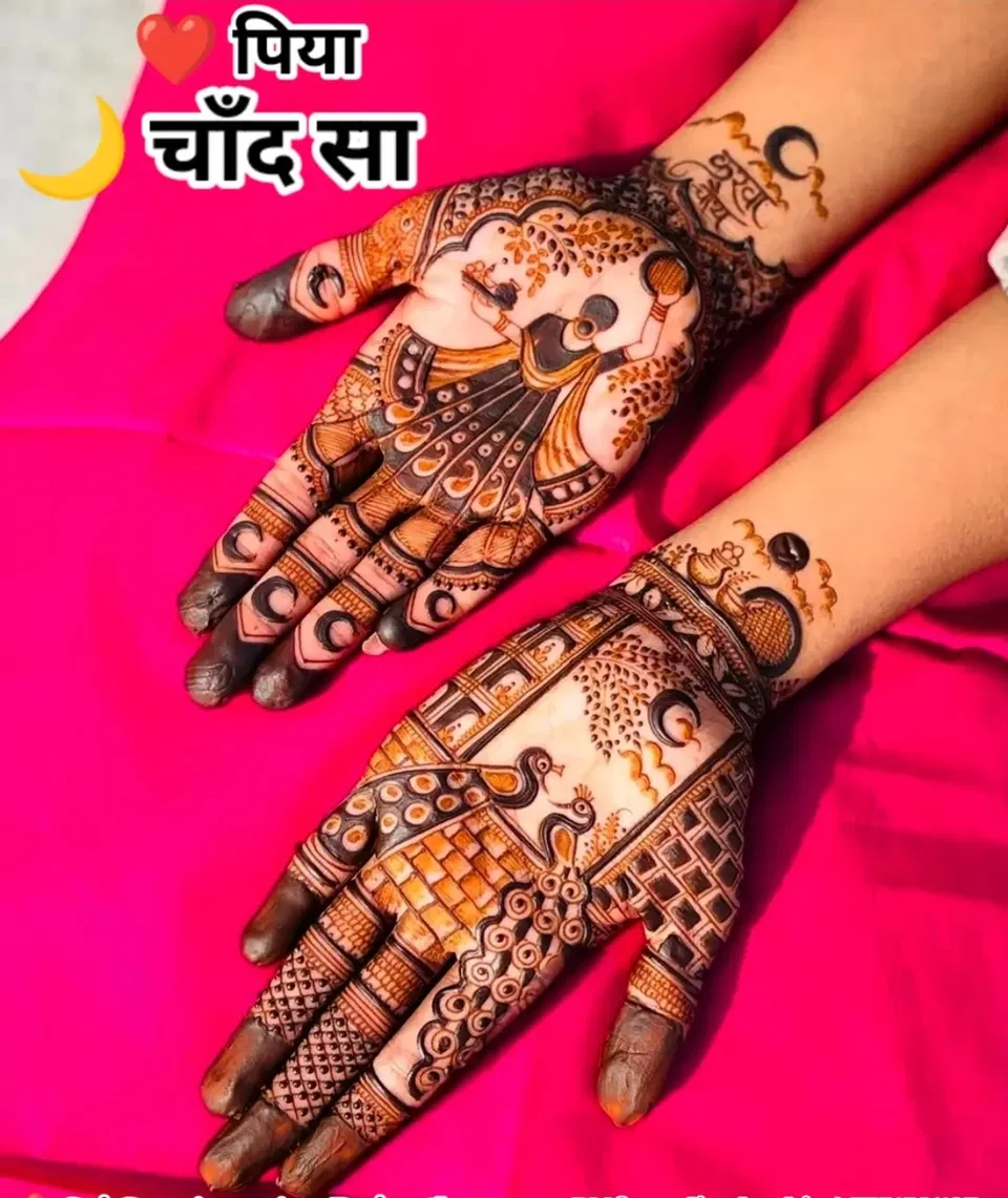 Bridal Indian Front Hand Mehndi Design with Figures for Karwa Chauth