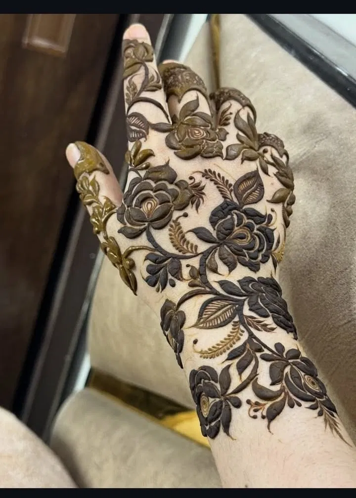 Aesthetic Arabic Back Hand Mehndi Design with Flowers (27)