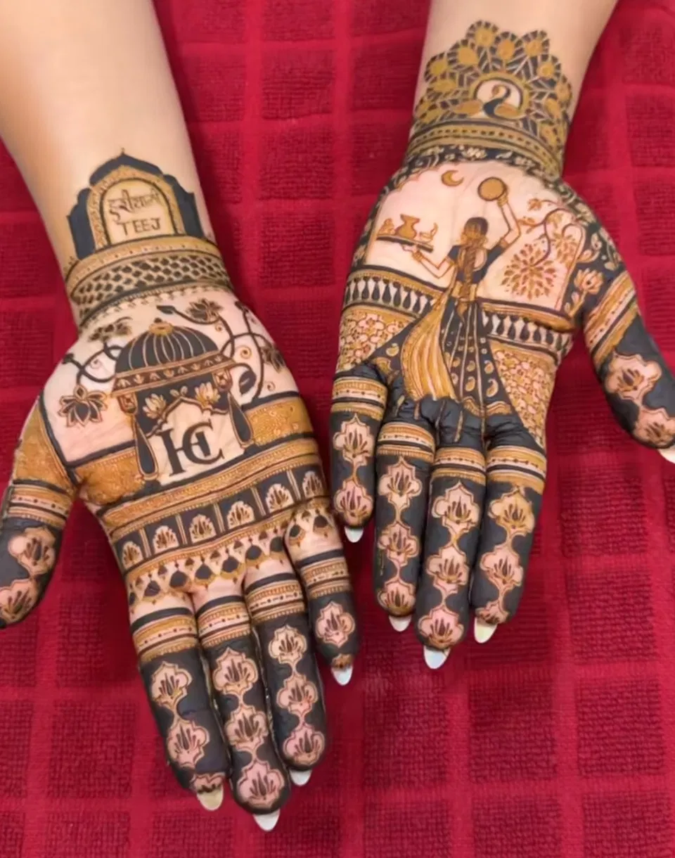Bridal Front Hand Mehndi Design with Figures for Karwa Chauth (2)