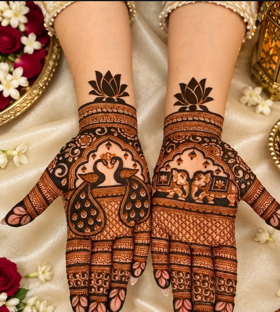 Bridal Indian Mehndi Design with Figures and Hearts