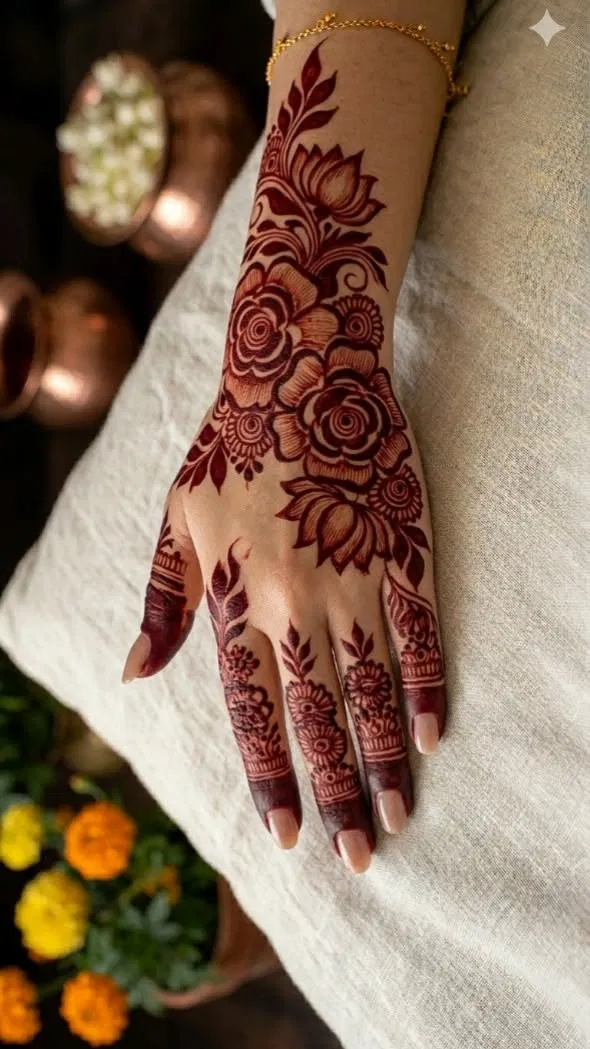 Bridal Stylish Back Hand Mehndi Design with Flowers