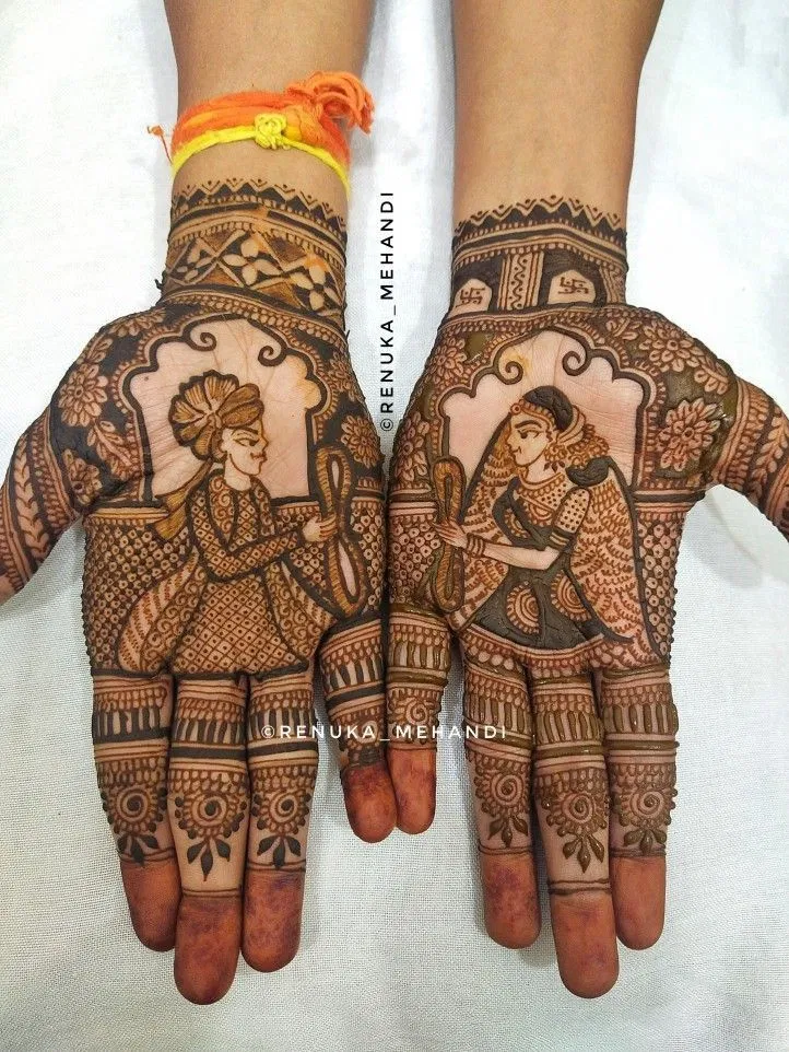 Bridal Back Hand Mehndi Design with Deity, Figures and Peacock
