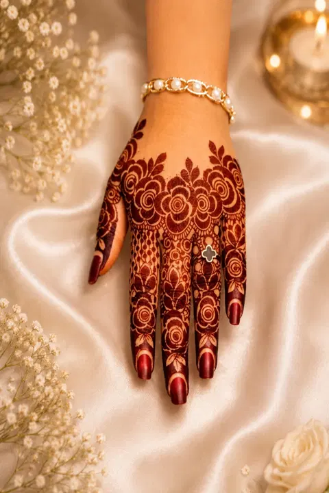 aesthetic bridal circle back hand mehndi design