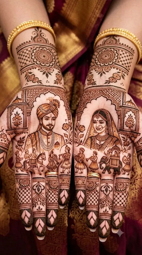 Bridal Indian Back Hand Mehndi Design with Deity and Figures (2)