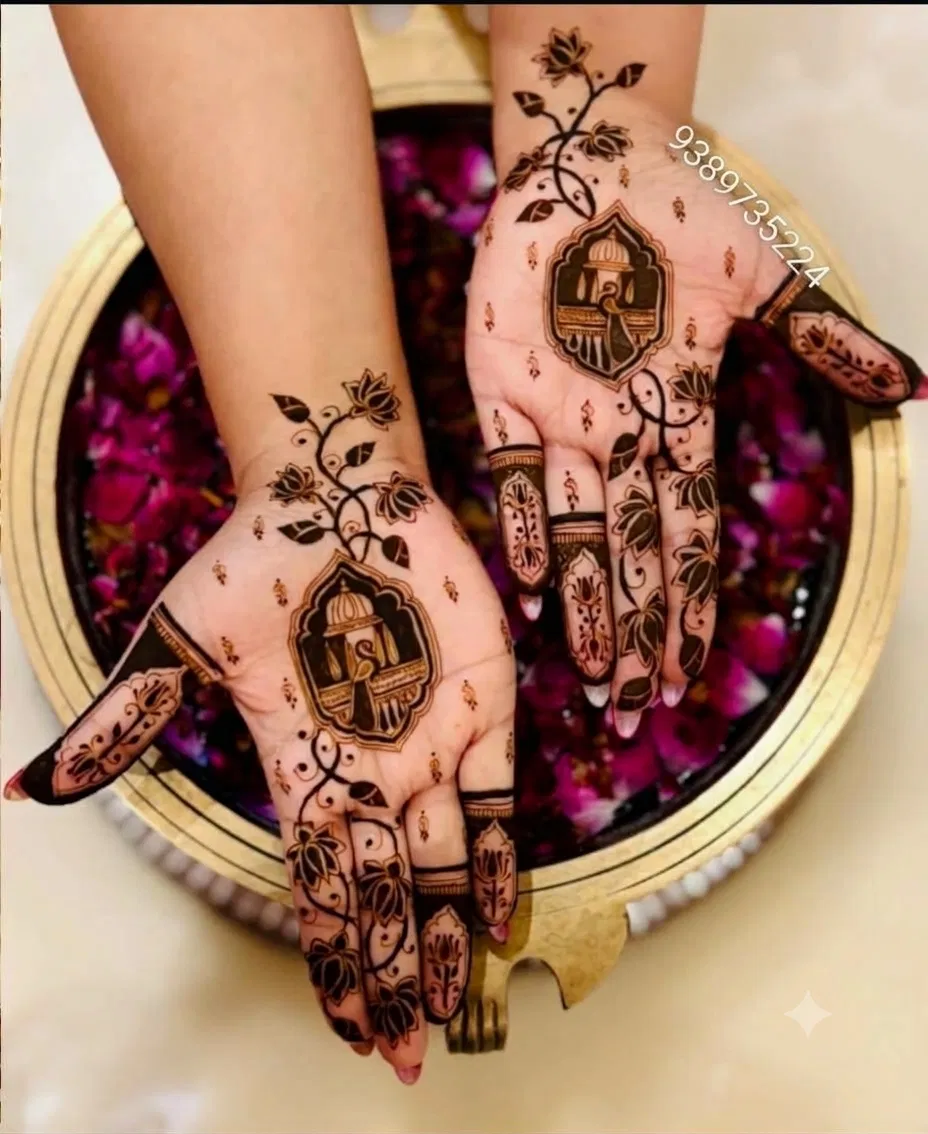 Bridal Full Hand Mehndi Design with Gol Tikki and Figures