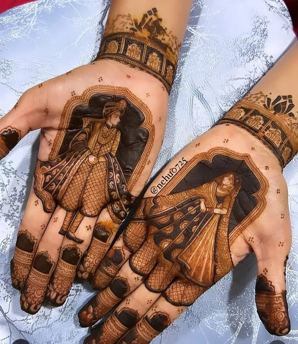 Bridal Stylish Finger Mehndi Design with Figures for Engagement