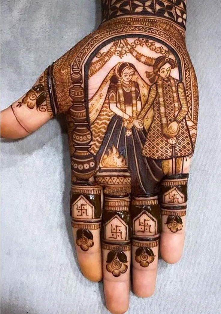 Bridal Stylish Full Hand Mehndi Design with Deity and Figures for Teej