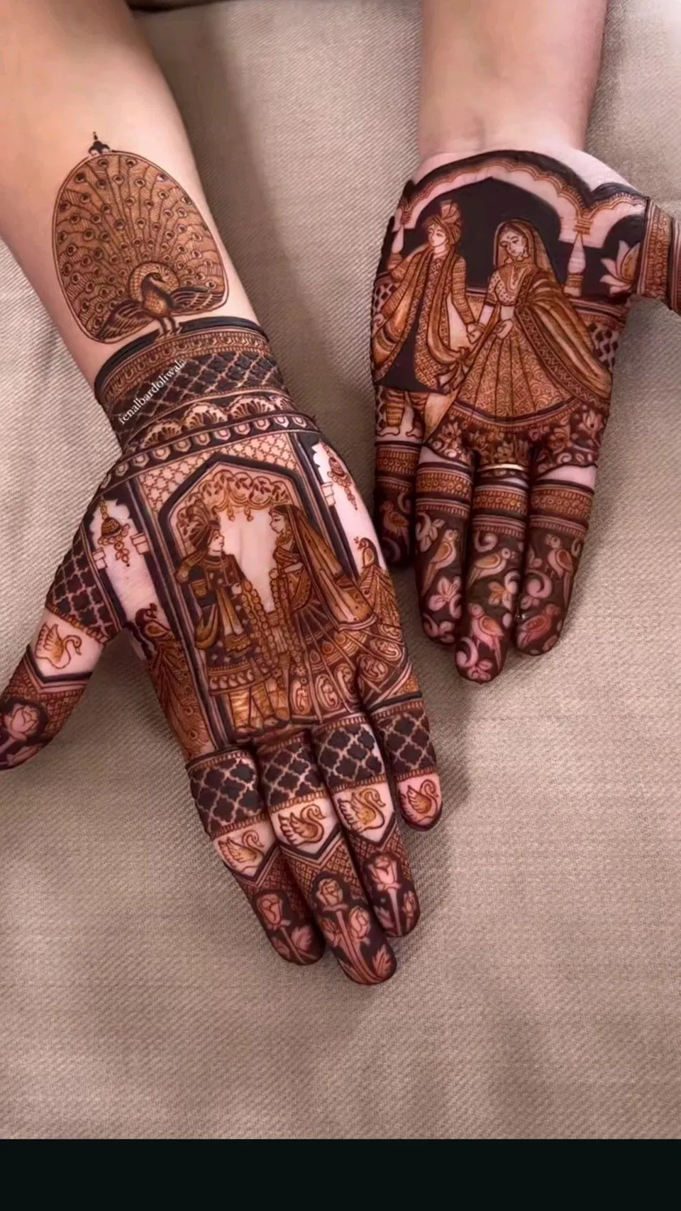 Bridal Indian Full Hand Mehndi Design with Figures and Peacock for Engagement (2)