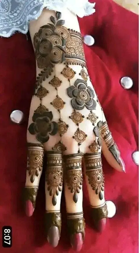 aesthetic bridal bel back hand mehndi design
