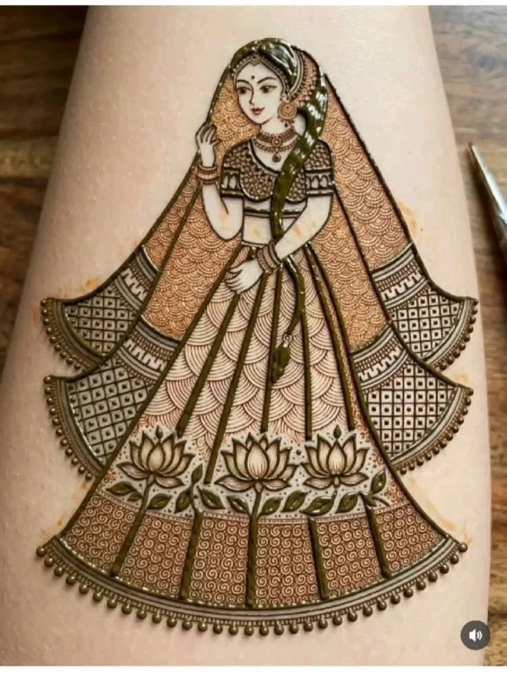 Bridal Stylish Full Hand Mehndi Design with Gol Tikki, Figures and Lotus