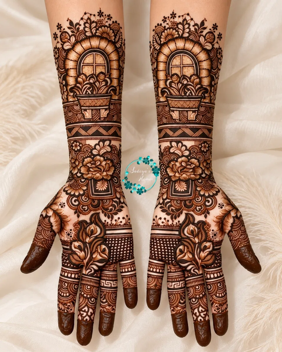 Aesthetic Bridal Full Hand Mehndi Design with Figures and Jaal
