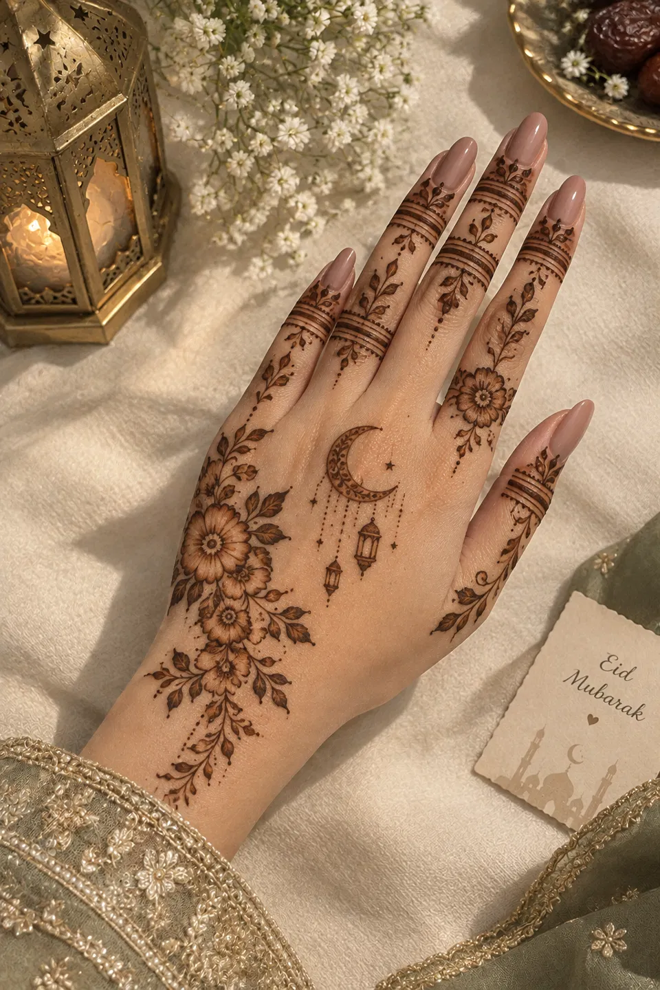 Aesthetic Arabic Full Hand Mehndi Design with Flowers and Moon