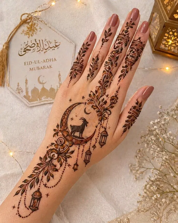 Arabic Simple Back Hand Mehndi Design with Jaal and Moon for Eid