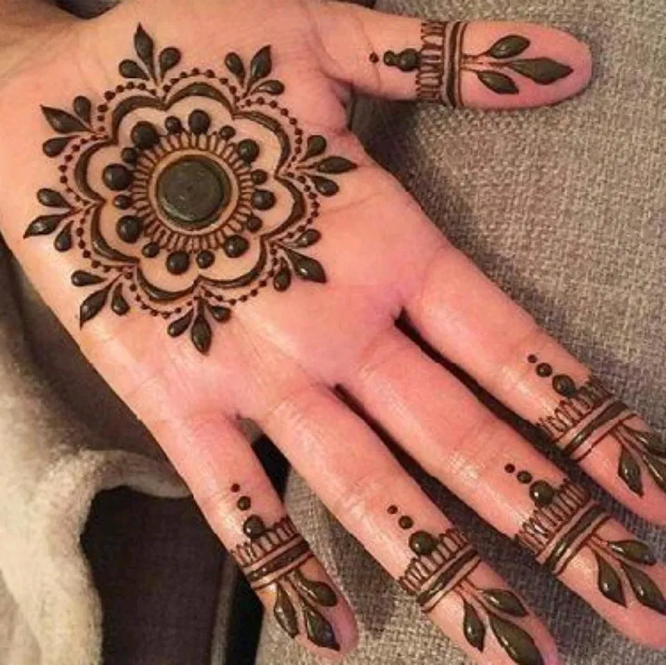 Arabic Bridal Finger Mehndi Design with Bel and Gol Tikki for Teej