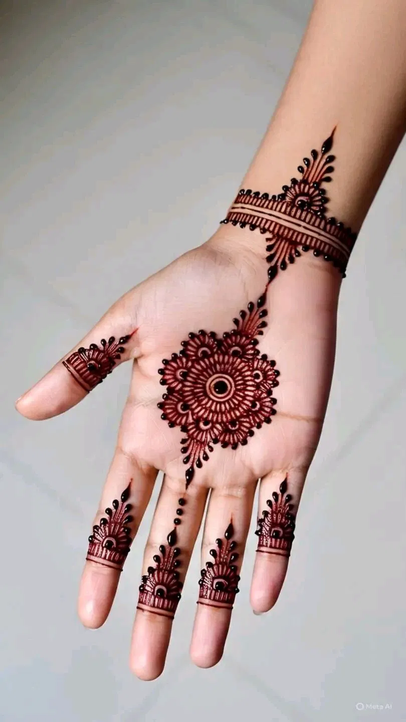 Aesthetic Arabic Finger Mehndi Design with Bel, Gol Tikki and Flowers for Raksha Bandhan (8)