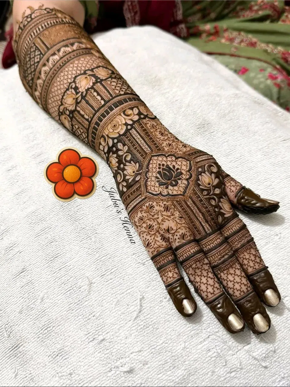 Bridal Indian Back Hand Mehndi Design with Figures, Flowers and Jaal for Engagement