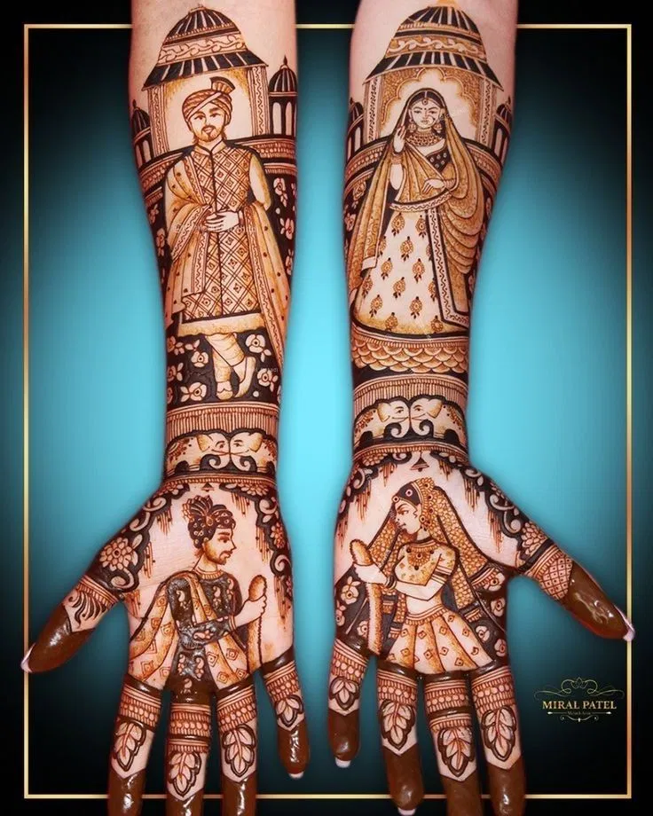 Bridal Back Hand Mehndi Design with Deity, Figures and Hearts