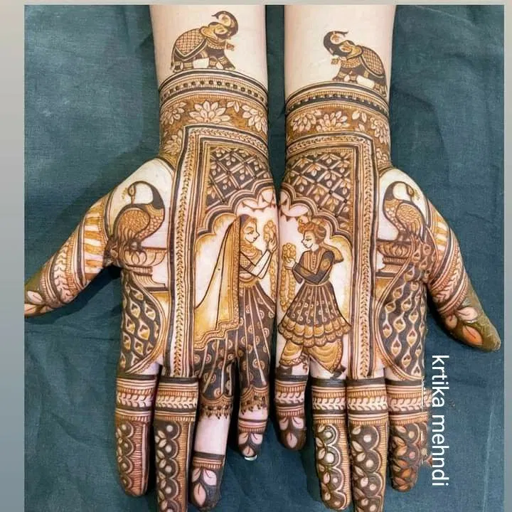 Bridal Back Hand Mehndi Design with Figures and Peacock